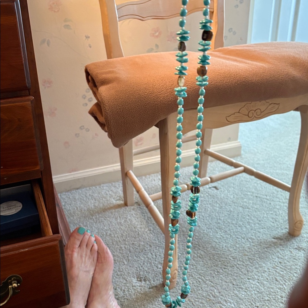 Miriam Haskell Turquoise Bead Long Necklace with Metallic Accents - Picture 2 of 4